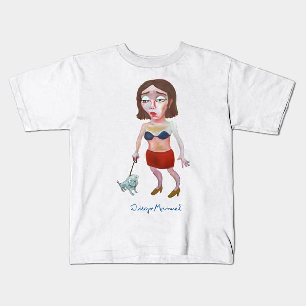 Girl on walk with puppy, people from the neighborhood Kids T-Shirt by diegomanuel